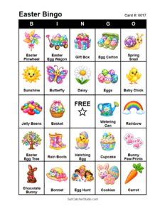 Easter Bingo Card #0017. Free printable Easter bingo cards for kids with colorful Easter pictures and words, perfect for preschool activities, classrooms, school parties, family activities, Easter parties, and seasonal games. PDF and PNG downloads.