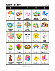 Easter Bingo Card #0018. Free printable Easter bingo cards for kids with colorful Easter pictures and words, perfect for preschool activities, classrooms, school parties, family activities, Easter parties, and seasonal games. PDF and PNG downloads.