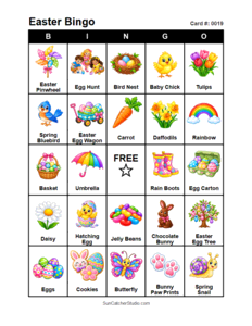 Easter Bingo Card #0019. Free printable Easter bingo cards for kids with colorful Easter pictures and words, perfect for preschool activities, classrooms, school parties, family activities, Easter parties, and seasonal games. PDF and PNG downloads.