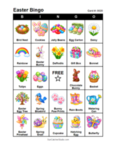 Easter Bingo Card #0020. Free printable Easter bingo cards for kids with colorful Easter pictures and words, perfect for preschool activities, classrooms, school parties, family activities, Easter parties, and seasonal games. PDF and PNG downloads.