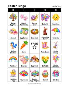Easter Bingo Card #0021. Free printable Easter bingo cards for kids with colorful Easter pictures and words, perfect for preschool activities, classrooms, school parties, family activities, Easter parties, and seasonal games. PDF and PNG downloads.