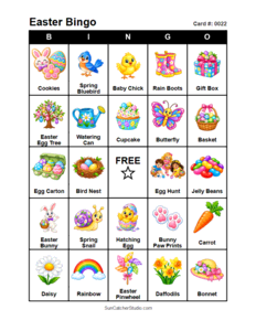 Easter Bingo Card #0022. Free printable Easter bingo cards for kids with colorful Easter pictures and words, perfect for preschool activities, classrooms, school parties, family activities, Easter parties, and seasonal games. PDF and PNG downloads.