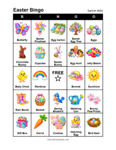 Easter Bingo Card #0023. Free printable Easter bingo cards for kids with colorful Easter pictures and words, perfect for preschool activities, classrooms, school parties, family activities, Easter parties, and seasonal games. PDF and PNG downloads.