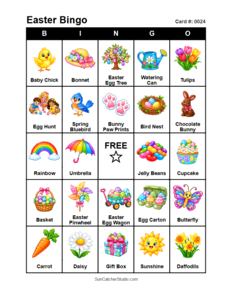 Easter Bingo Card #0024. Free printable Easter bingo cards for kids with colorful Easter pictures and words, perfect for preschool activities, classrooms, school parties, family activities, Easter parties, and seasonal games. PDF and PNG downloads.