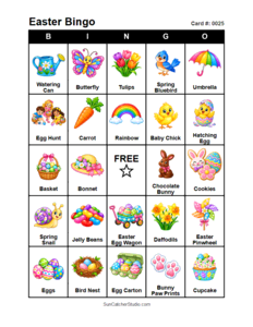 Easter Bingo Card #0025. Free printable Easter bingo cards for kids with colorful Easter pictures and words, perfect for preschool activities, classrooms, school parties, family activities, Easter parties, and seasonal games. PDF and PNG downloads.