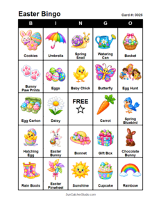 Easter Bingo Card #0026. Free printable Easter bingo cards for kids with colorful Easter pictures and words, perfect for preschool activities, classrooms, school parties, family activities, Easter parties, and seasonal games. PDF and PNG downloads.