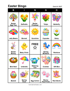 Easter Bingo Card #0027. Free printable Easter bingo cards for kids with colorful Easter pictures and words, perfect for preschool activities, classrooms, school parties, family activities, Easter parties, and seasonal games. PDF and PNG downloads.