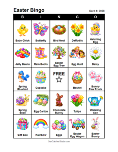 Easter Bingo Card #0028. Free printable Easter bingo cards for kids with colorful Easter pictures and words, perfect for preschool activities, classrooms, school parties, family activities, Easter parties, and seasonal games. PDF and PNG downloads.