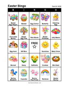Easter Bingo Card #0029. Free printable Easter bingo cards for kids with colorful Easter pictures and words, perfect for preschool activities, classrooms, school parties, family activities, Easter parties, and seasonal games. PDF and PNG downloads.