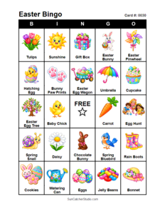 Easter Bingo Card #0030. Free printable Easter bingo cards for kids with colorful Easter pictures and words, perfect for preschool activities, classrooms, school parties, family activities, Easter parties, and seasonal games. PDF and PNG downloads.