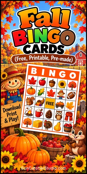 Free printable Fall bingo cards for kids with Fall pictures and words. Fun classroom, preschool, elementary school, family, and Fall party game with PDF and PNG downloads.