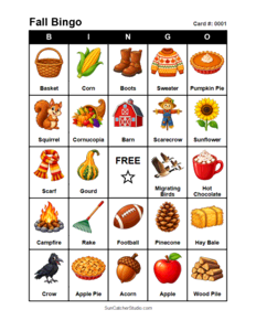 Fall Bingo Card #0001 Free printable Fall bingo card for kids with Fall pictures and words, perfect for classroom games, parties, preschool, and elementary school activities.