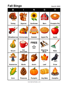 Fall Bingo Card #0002 Free printable Fall bingo card for kids with Fall pictures and words, perfect for classroom games, parties, preschool, and elementary school activities.