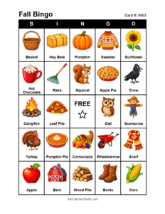 Fall Bingo Card #0003 Free printable Fall bingo card for kids with Fall pictures and words, perfect for classroom games, parties, preschool, and elementary school activities.