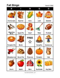 Fall Bingo Card #0004 Free printable Fall bingo card for kids with Fall pictures and words, perfect for classroom games, parties, preschool, and elementary school activities.