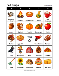 Fall Bingo Card #0005 Free printable Fall bingo card for kids with Fall pictures and words, perfect for classroom games, parties, preschool, and elementary school activities.