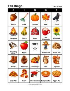 Fall Bingo Card #0006 Free printable Fall bingo card for kids with Fall pictures and words, perfect for classroom games, parties, preschool, and elementary school activities.