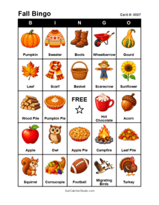 Fall Bingo Card #0007 Free printable Fall bingo card for kids with Fall pictures and words, perfect for classroom games, parties, preschool, and elementary school activities.