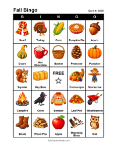 Fall Bingo Card #0008 Free printable Fall bingo card for kids with Fall pictures and words, perfect for classroom games, parties, preschool, and elementary school activities.
