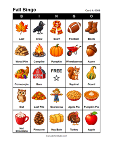 Fall Bingo Card #0009 Free printable Fall bingo card for kids with Fall pictures and words, perfect for classroom games, parties, preschool, and elementary school activities.