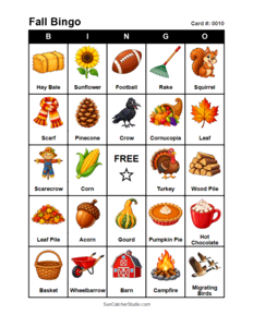 Fall Bingo Card #0010 Free printable Fall bingo card for kids with Fall pictures and words, perfect for classroom games, parties, preschool, and elementary school activities.