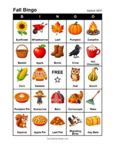 Fall Bingo Card #0011 Free printable Fall bingo card for kids with Fall pictures and words, perfect for classroom games, parties, preschool, and elementary school activities.