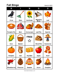 Fall Bingo Card #0012 Free printable Fall bingo card for kids with Fall pictures and words, perfect for classroom games, parties, preschool, and elementary school activities.