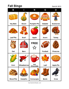 Fall Bingo Card #0013 Free printable Fall bingo card for kids with Fall pictures and words, perfect for classroom games, parties, preschool, and elementary school activities.