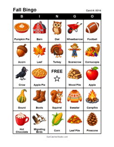 Fall Bingo Card #0014 Free printable Fall bingo card for kids with Fall pictures and words, perfect for classroom games, parties, preschool, and elementary school activities.