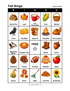 Fall Bingo Card #0015 Free printable Fall bingo card for kids with Fall pictures and words, perfect for classroom games, parties, preschool, and elementary school activities.