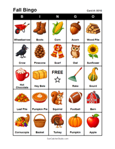 Fall Bingo Card #0016 Free printable Fall bingo card for kids with Fall pictures and words, perfect for classroom games, parties, preschool, and elementary school activities.