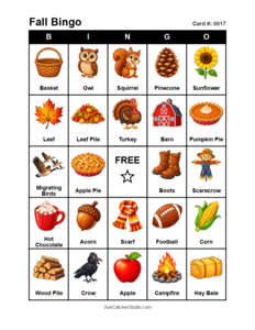 Fall Bingo Card #0017 Free printable Fall bingo card for kids with Fall pictures and words, perfect for classroom games, parties, preschool, and elementary school activities.