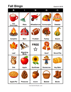 Fall Bingo Card #0018 Free printable Fall bingo card for kids with Fall pictures and words, perfect for classroom games, parties, preschool, and elementary school activities.