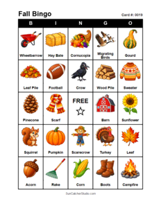 Fall Bingo Card #0019 Free printable Fall bingo card for kids with Fall pictures and words, perfect for classroom games, parties, preschool, and elementary school activities.