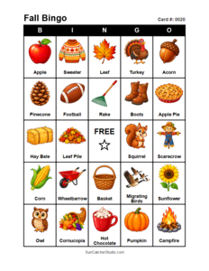 Fall Bingo Card #0020 Free printable Fall bingo card for kids with Fall pictures and words, perfect for classroom games, parties, preschool, and elementary school activities.