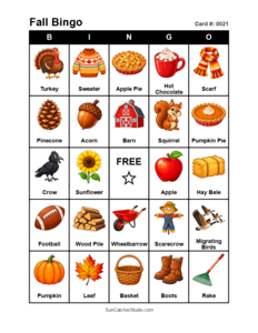 Fall Bingo Card #0021 Free printable Fall bingo card for kids with Fall pictures and words, perfect for classroom games, parties, preschool, and elementary school activities.