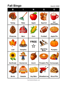 Fall Bingo Card #0022 Free printable Fall bingo card for kids with Fall pictures and words, perfect for classroom games, parties, preschool, and elementary school activities.