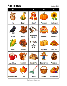 Fall Bingo Card #0023 Free printable Fall bingo card for kids with Fall pictures and words, perfect for classroom games, parties, preschool, and elementary school activities.