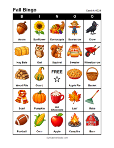 Fall Bingo Card #0024 Free printable Fall bingo card for kids with Fall pictures and words, perfect for classroom games, parties, preschool, and elementary school activities.