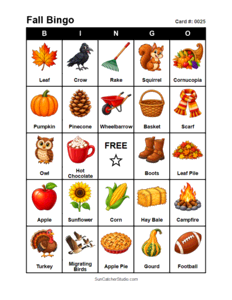 Fall Bingo Card #0025 Free printable Fall bingo card for kids with Fall pictures and words, perfect for classroom games, parties, preschool, and elementary school activities.