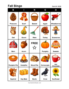 Fall Bingo Card #0026 Free printable Fall bingo card for kids with Fall pictures and words, perfect for classroom games, parties, preschool, and elementary school activities.