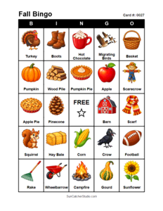 Fall Bingo Card #0027 Free printable Fall bingo card for kids with Fall pictures and words, perfect for classroom games, parties, preschool, and elementary school activities.