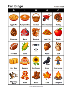 Fall Bingo Card #0028 Free printable Fall bingo card for kids with Fall pictures and words, perfect for classroom games, parties, preschool, and elementary school activities.