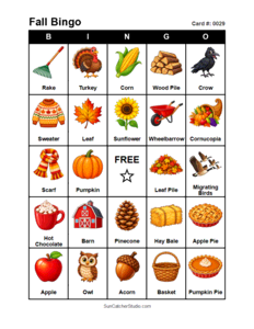 Fall Bingo Card #0029 Free printable Fall bingo card for kids with Fall pictures and words, perfect for classroom games, parties, preschool, and elementary school activities.