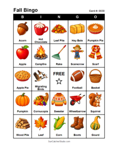 Fall Bingo Card #0030 Free printable Fall bingo card for kids with Fall pictures and words, perfect for classroom games, parties, preschool, and elementary school activities.