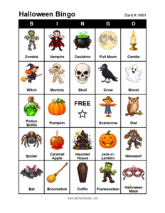 Halloween Bingo Card #0001 Free printable Halloween bingo card for kids with Halloween pictures and words, perfect for classroom games, parties, preschool, and elementary school activities.