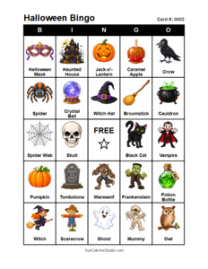 Halloween Bingo Card #0002 Free printable Halloween bingo card for kids with Halloween pictures and words, perfect for classroom games, parties, preschool, and elementary school activities.
