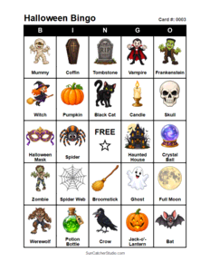 Halloween Bingo Card #0003 Free printable Halloween bingo card for kids with Halloween pictures and words, perfect for classroom games, parties, preschool, and elementary school activities.