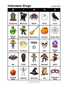 Halloween Bingo Card #0004 Free printable Halloween bingo card for kids with Halloween pictures and words, perfect for classroom games, parties, preschool, and elementary school activities.