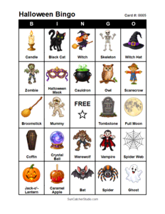 Halloween Bingo Card #0005 Free printable Halloween bingo card for kids with Halloween pictures and words, perfect for classroom games, parties, preschool, and elementary school activities.